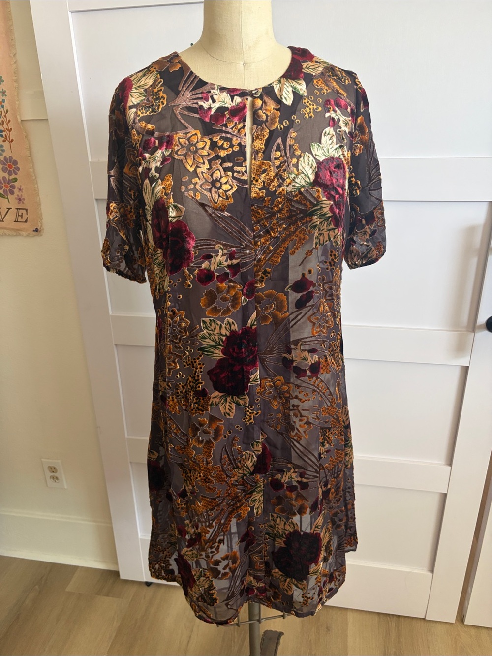 Johnny Was Velvet Burnout Floral Mini Dress - Burgundy, Gold & Gray